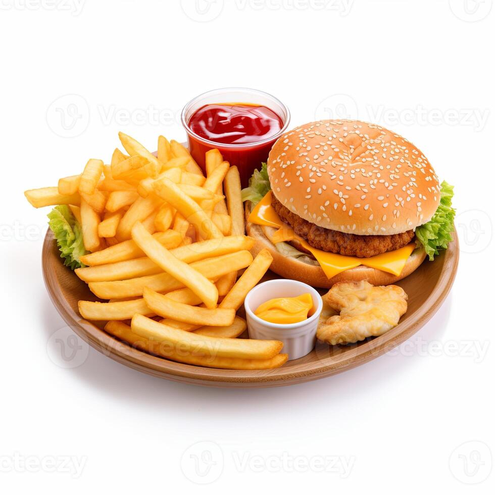 A plate with a hamburger, fries and ketchup photo