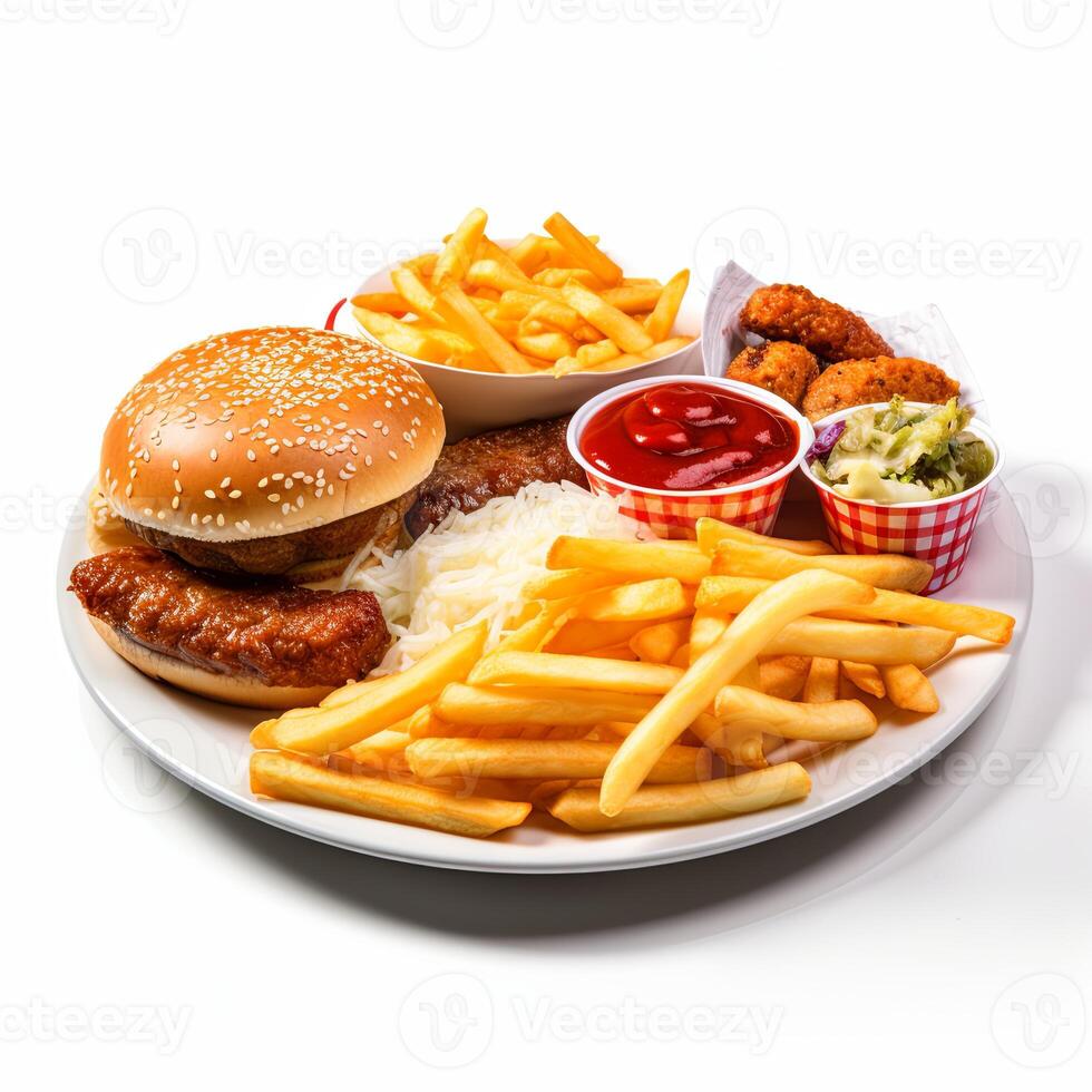 A plate of food with a burger, fries, and ketchup photo