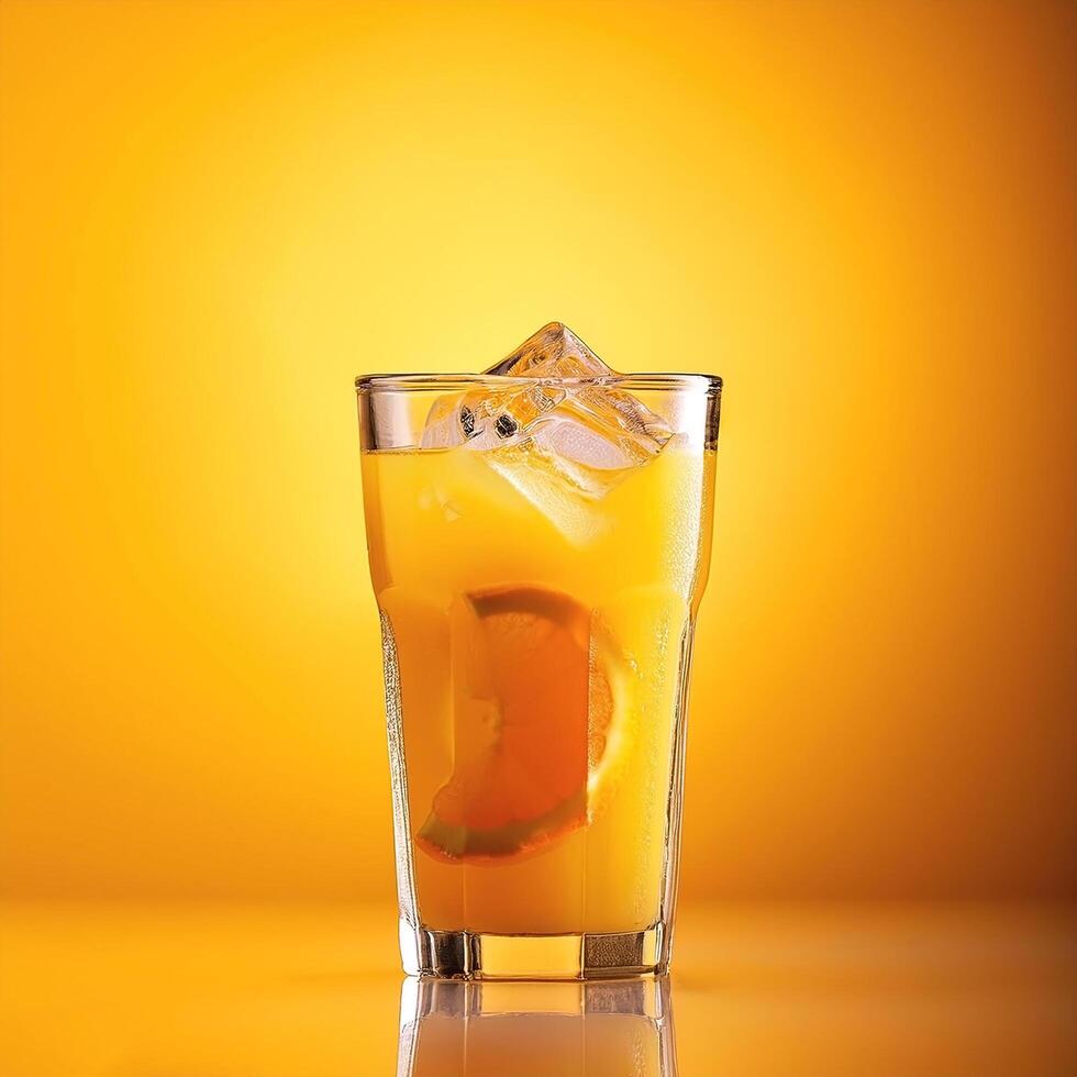 A glass of orange juice with ice, on a bright yellow background photo