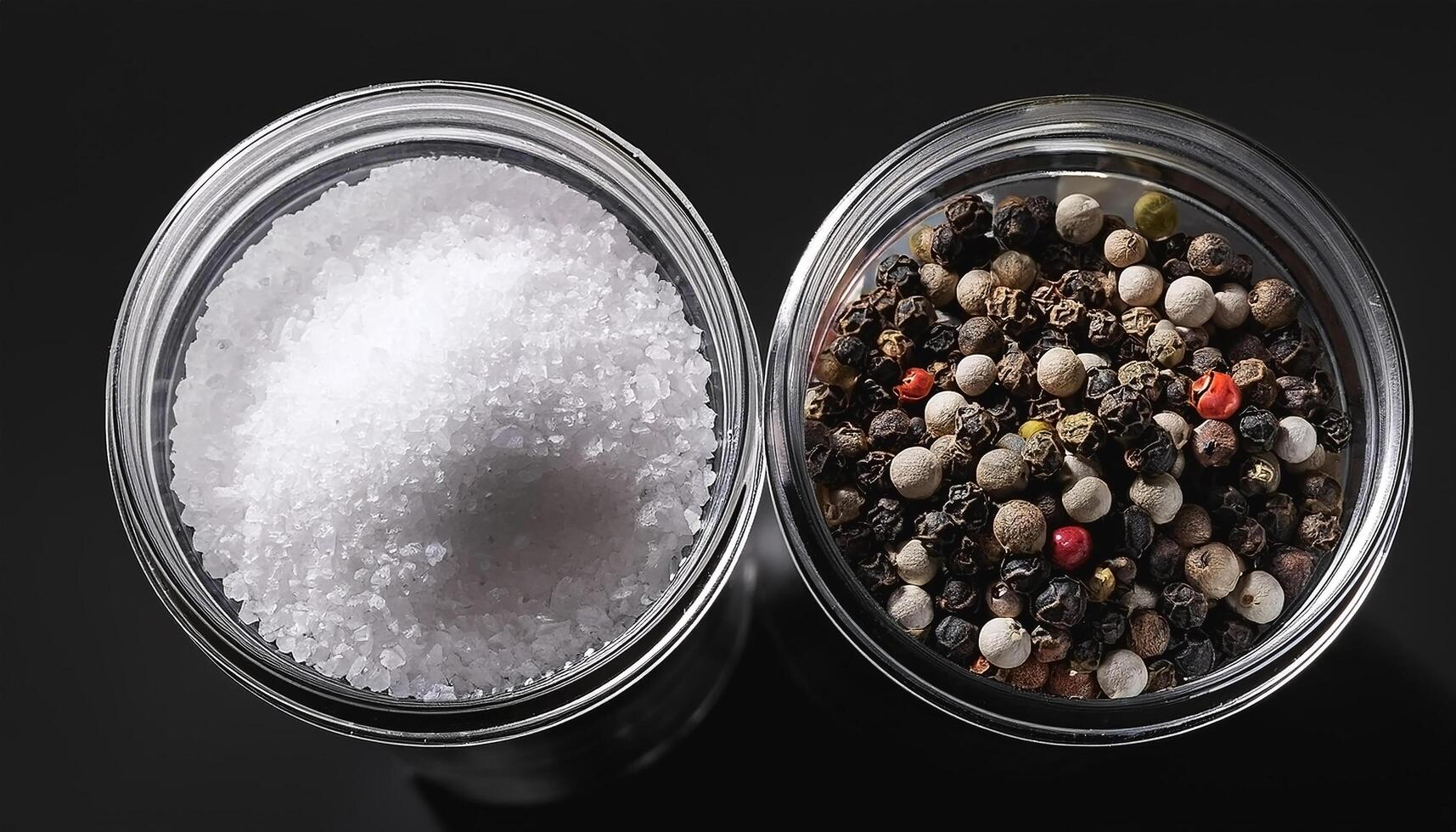 Sea salt and pepper in a container, on a black background photo
