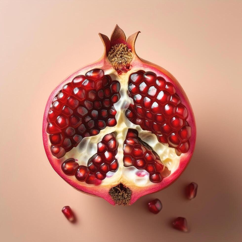 Split pomegranate fruit with bright red seeds, on white background photo