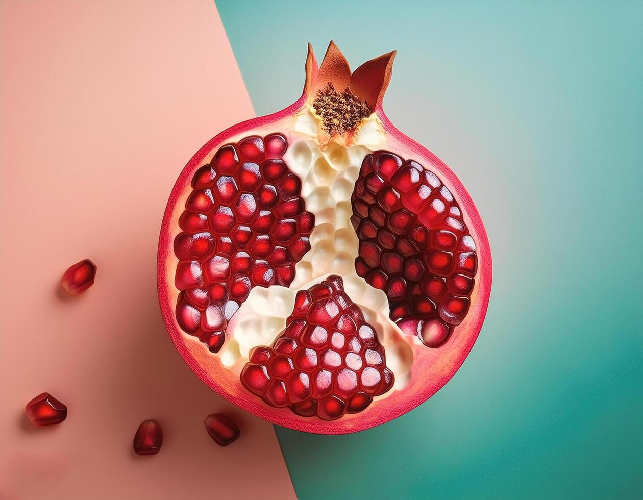Split pomegranate fruit with bright red seeds, on white background photo