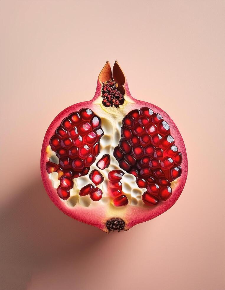Split pomegranate fruit with bright red seeds, on white background photo