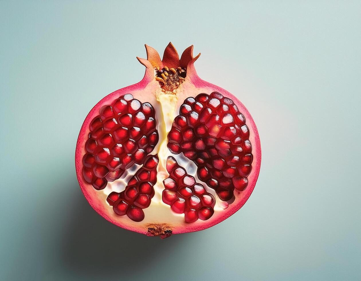 Split pomegranate fruit with bright red seeds, on white background photo