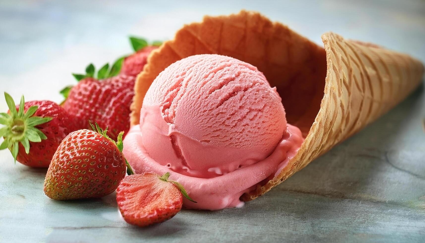 Strawberry gelato in a cone, with fresh strawberries on the side photo
