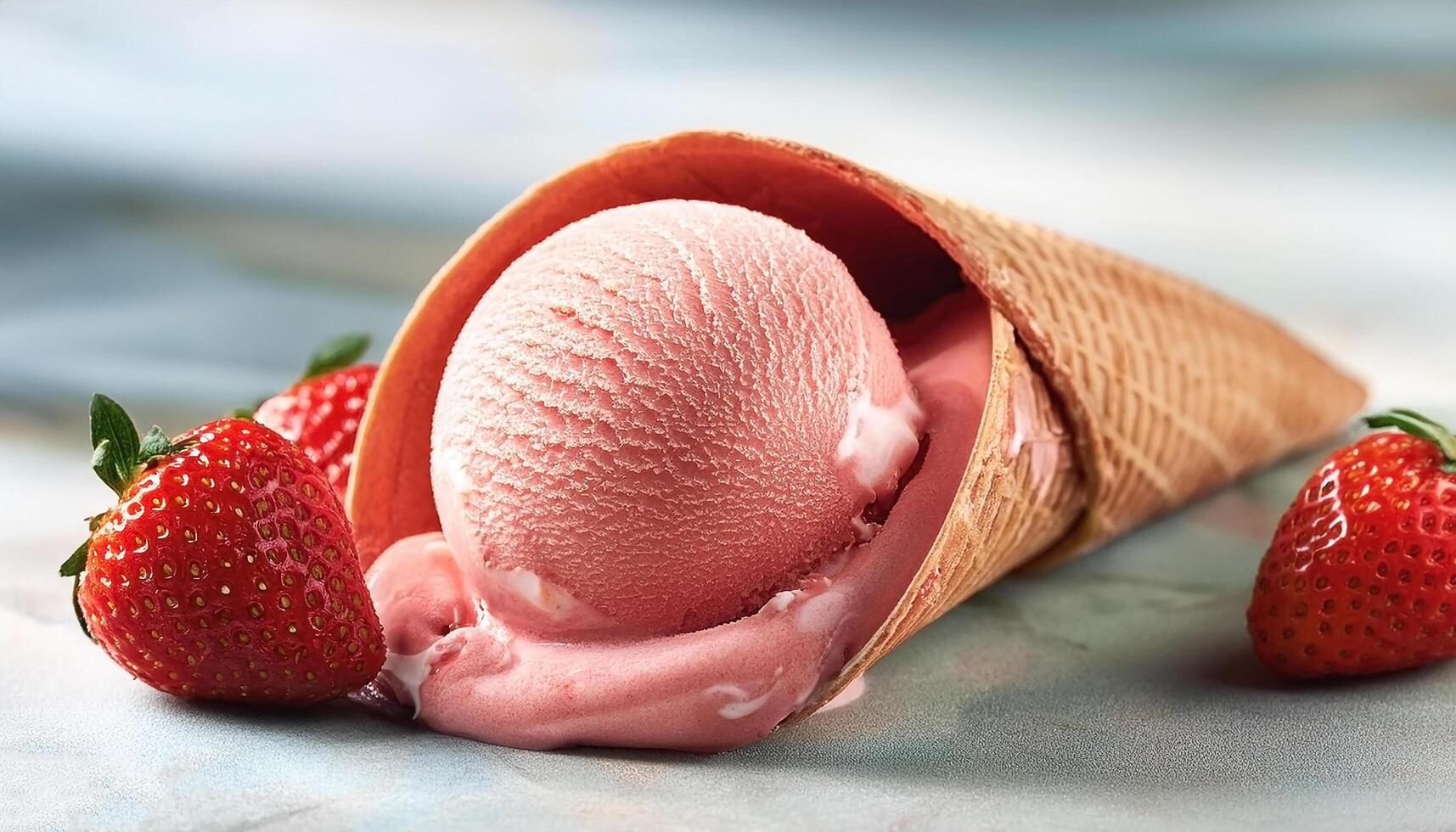 Strawberry gelato in a cone, with fresh strawberries on the side photo