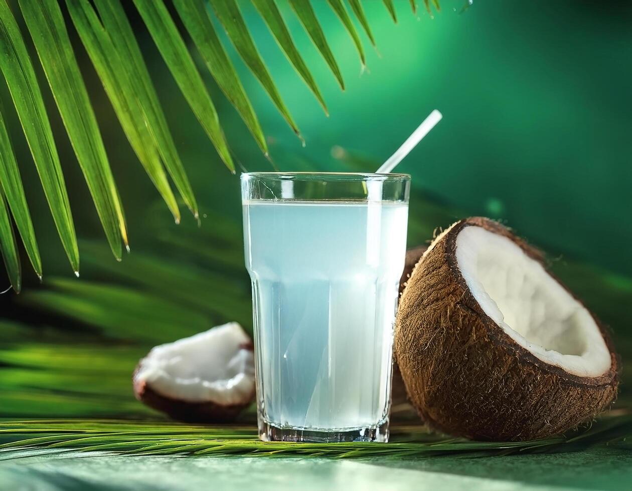 A glass of coconut water on a green tropical background photo