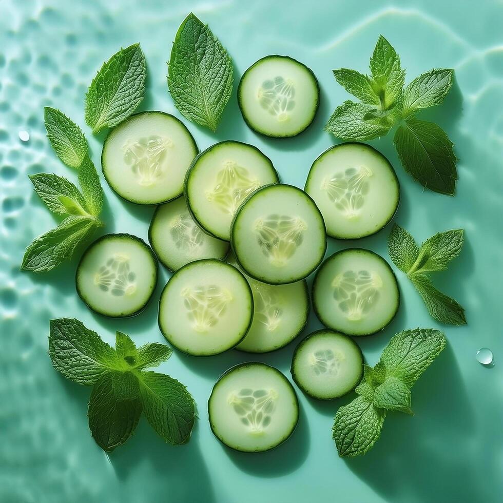 Some cucumber slices on a mint background photo