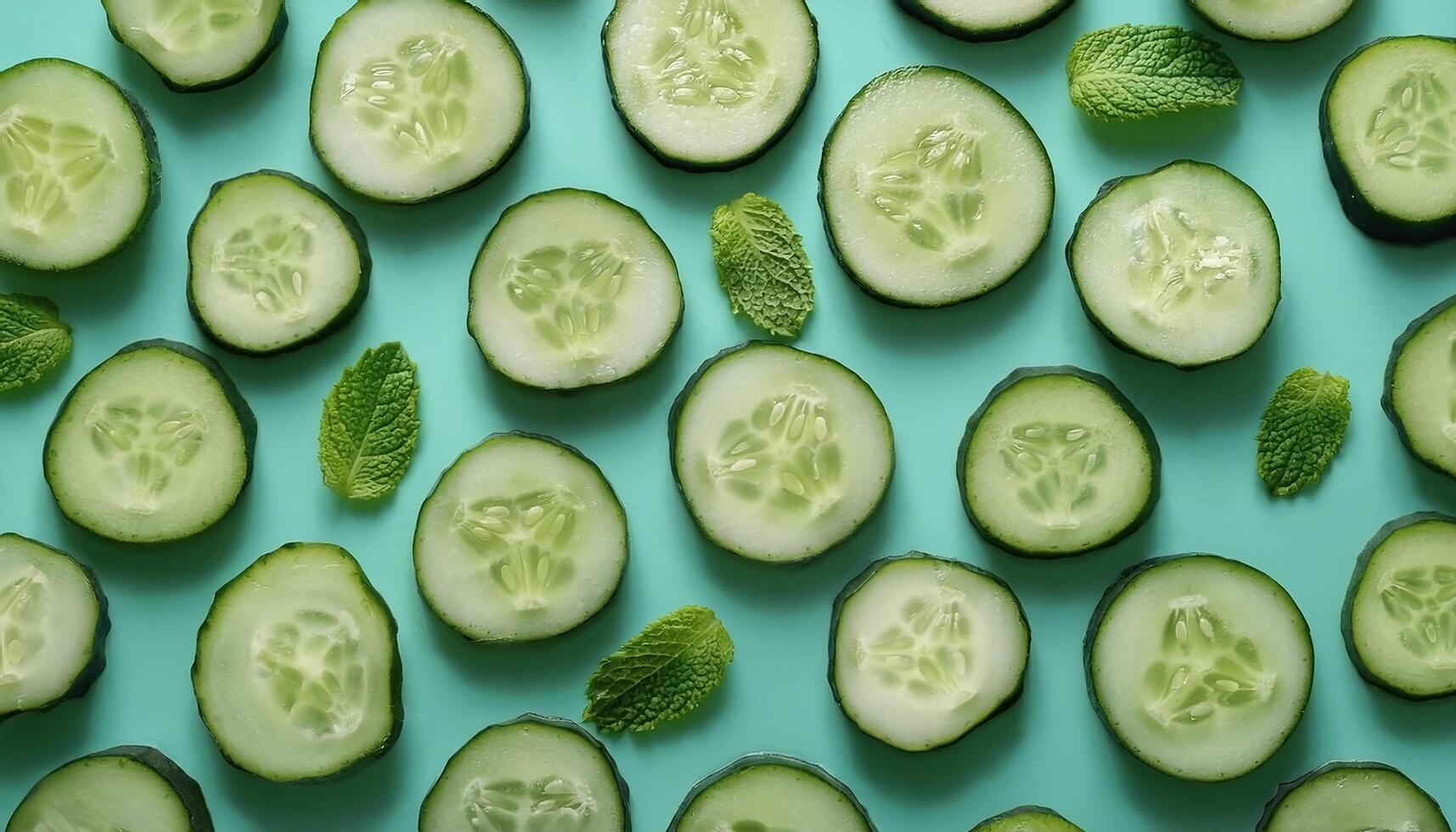 Some cucumber slices on a mint background photo