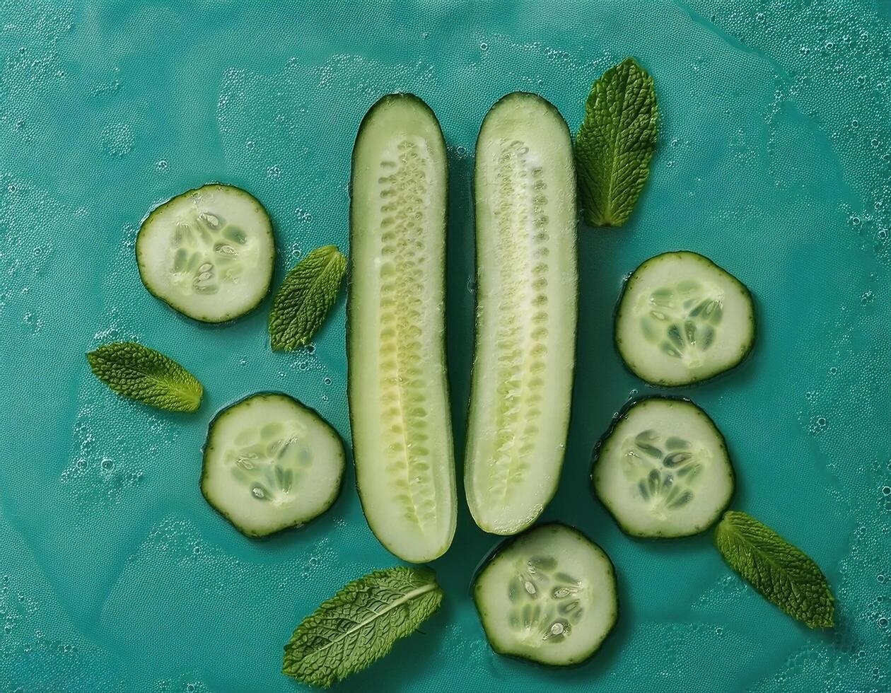 Some cucumber slices on a mint background photo