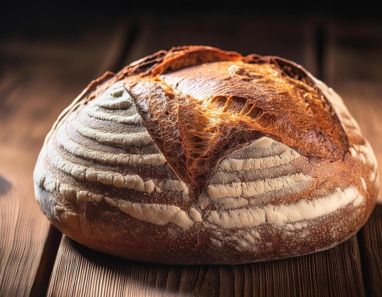 Sourdough bread with visible texture, wooden background photo