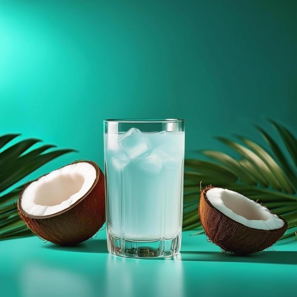 A glass of coconut water on a turquoise background photo