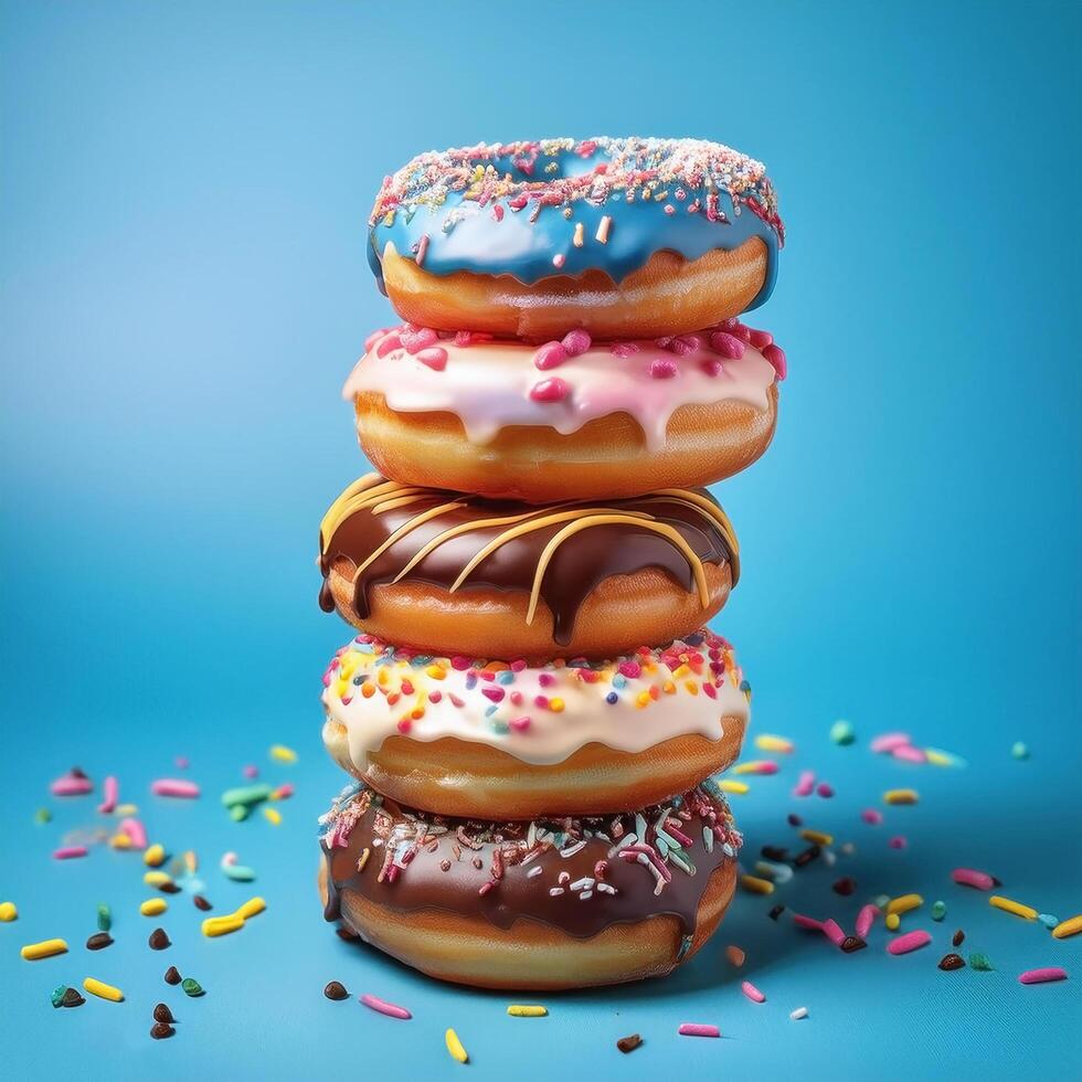 Stack of colorful donuts with various toppings photo