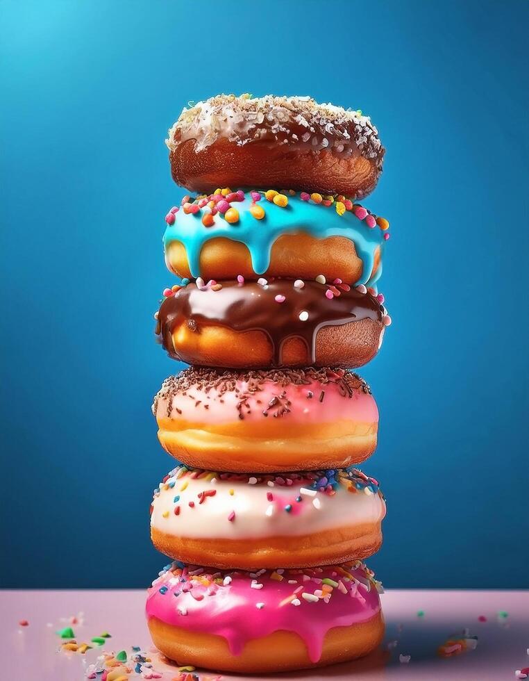 Stack of colorful donuts with various toppings photo