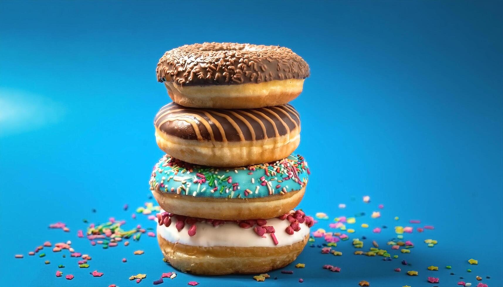 Stack of colorful donuts with various toppings photo