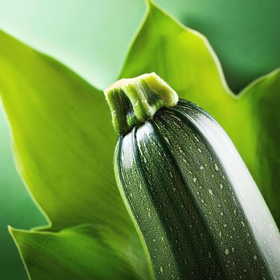 Whole zucchini on leaf green background photo