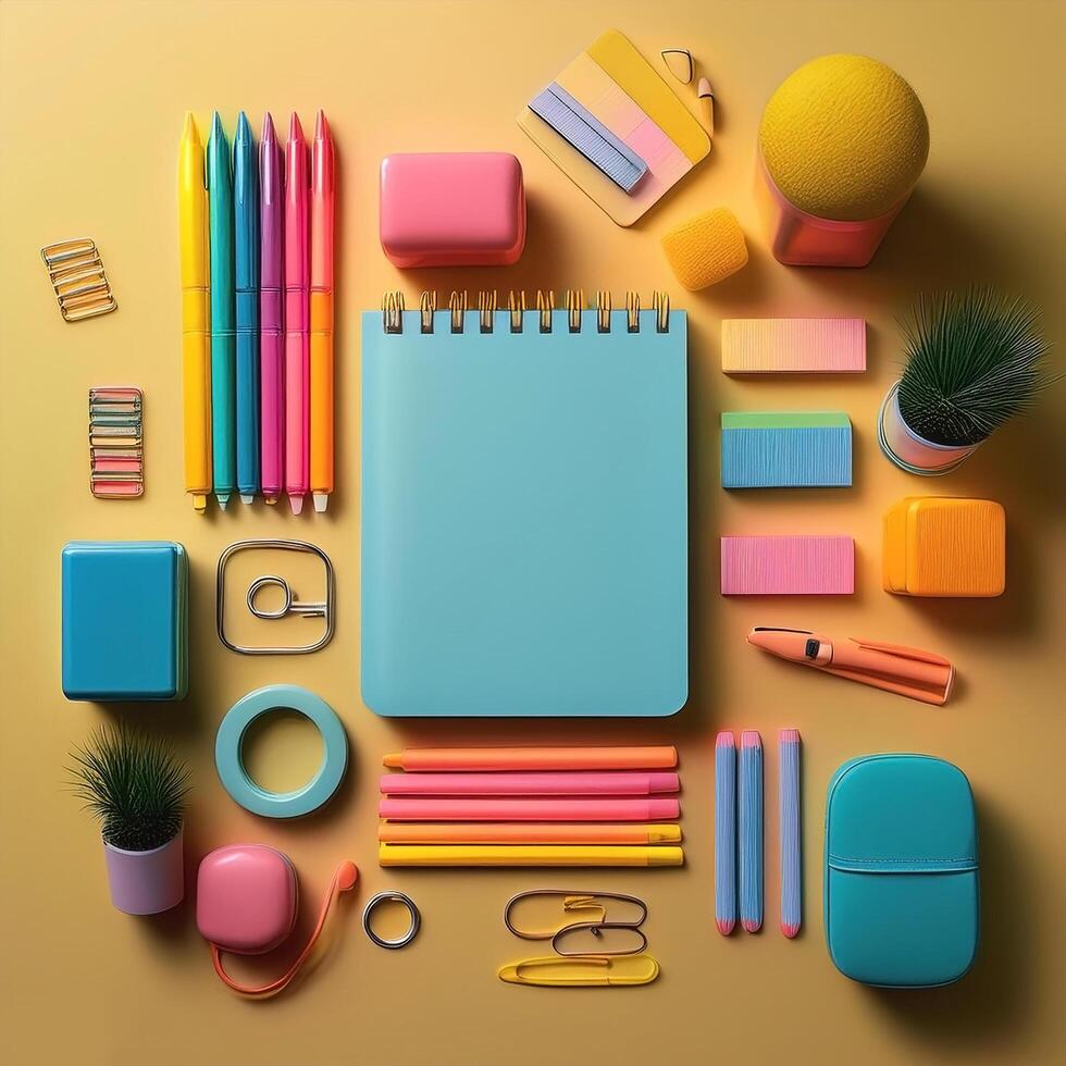 Colorful stationery on minimalist background photo