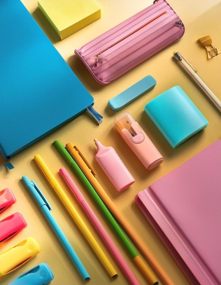 Colorful stationery on minimalist background photo