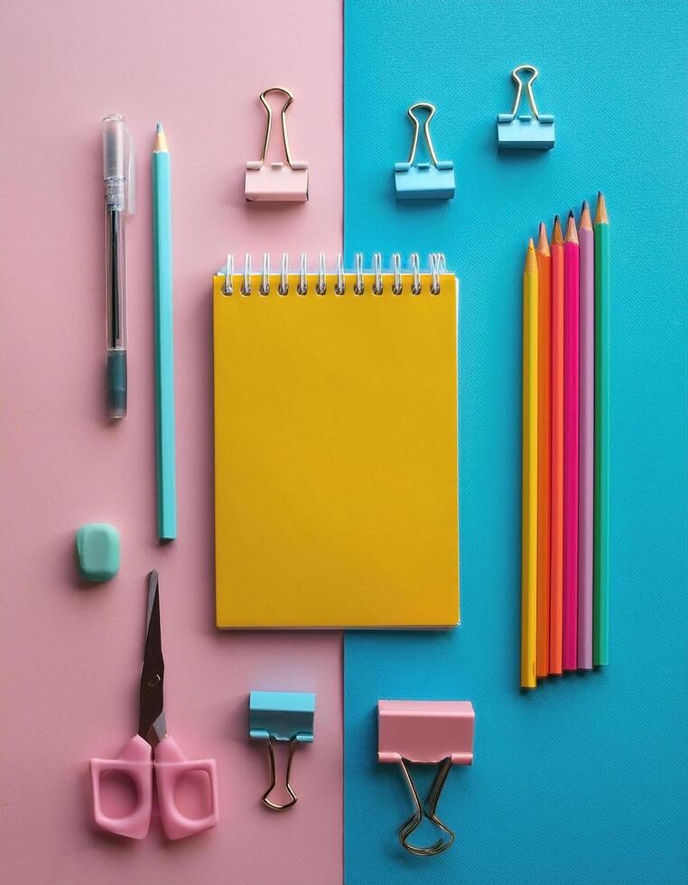 Colorful stationery on minimalist background photo