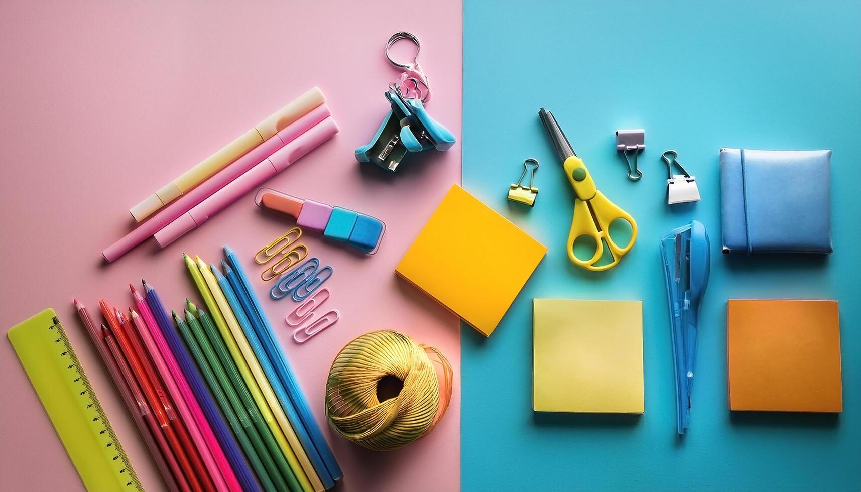 Colorful stationery on minimalist background photo