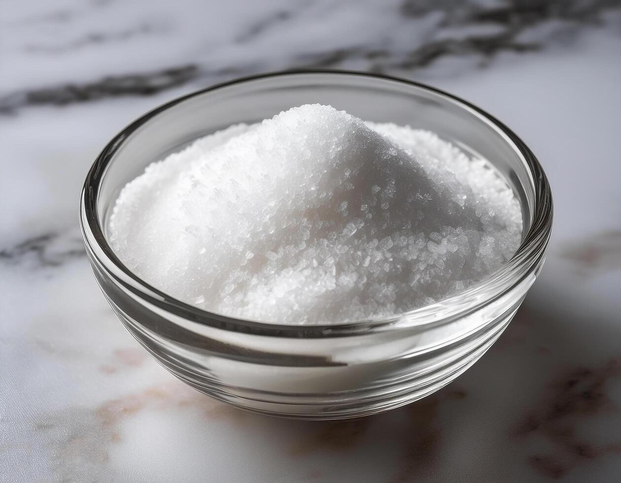 Granulated sugar in a glass bowl on a marble background photo