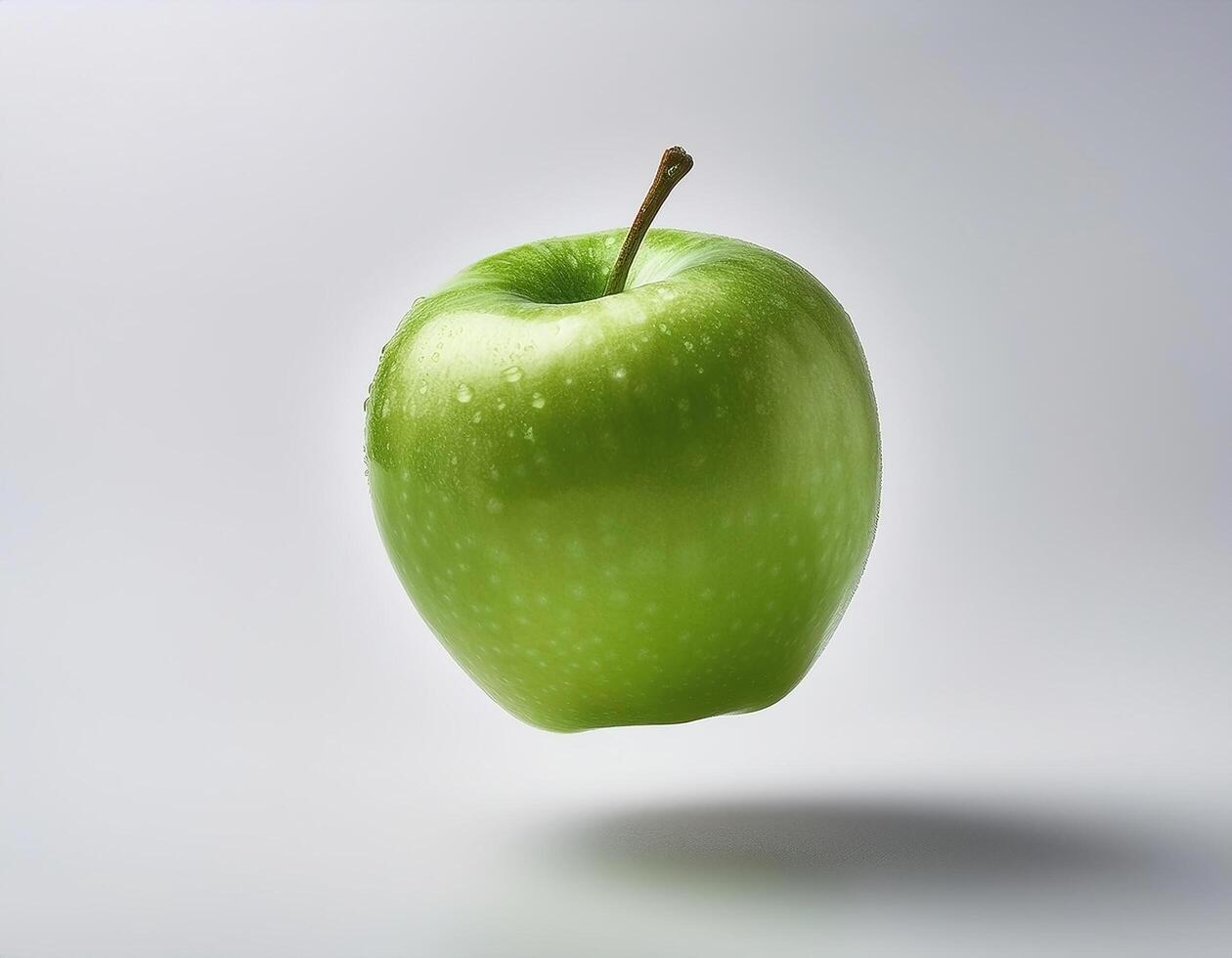 Green apple floating in the air on a clean white background photo