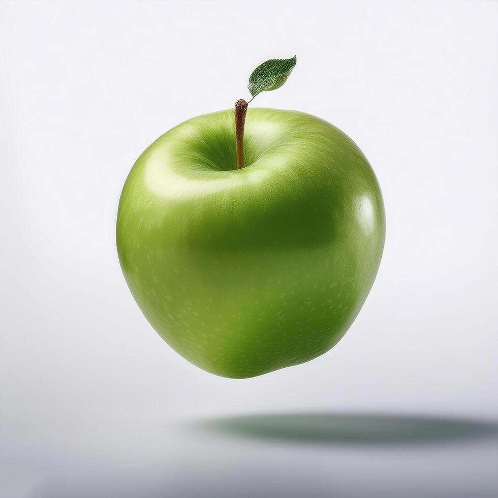 Green apple floating in the air on a clean white background photo