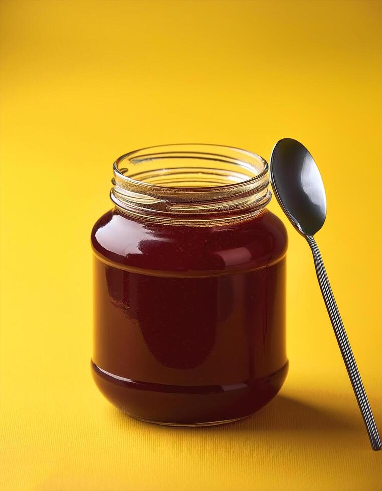 Jam jar with spoon next to it on yellow background photo