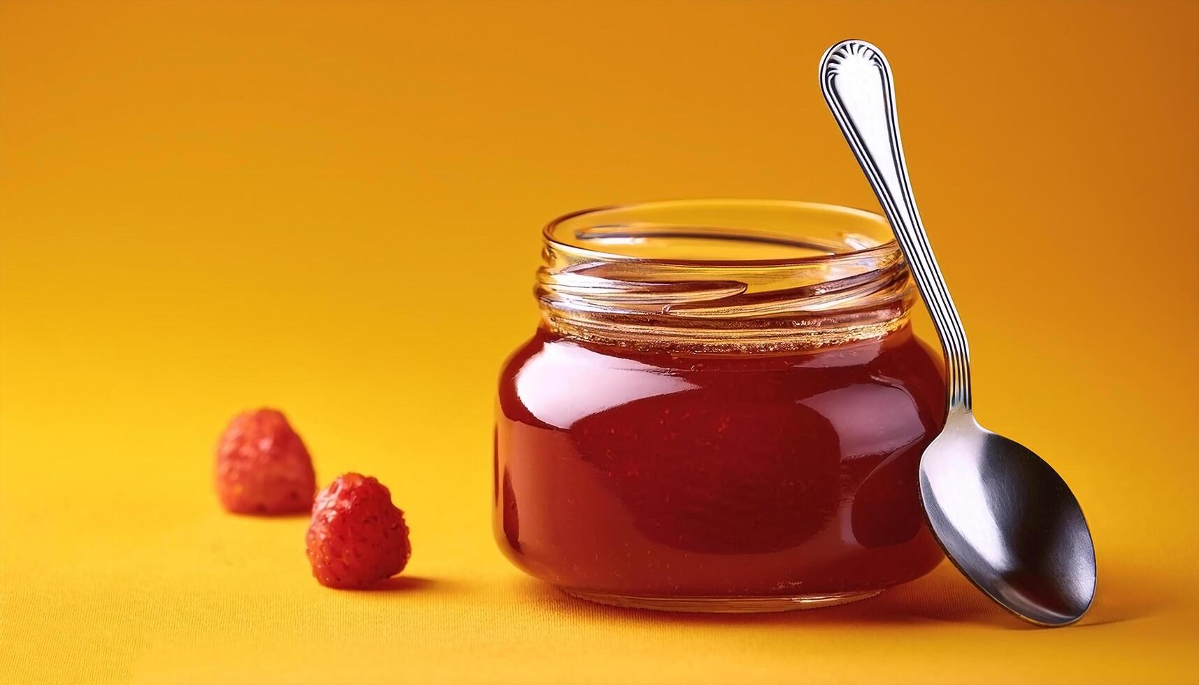 Jam jar with spoon next to it on yellow background photo