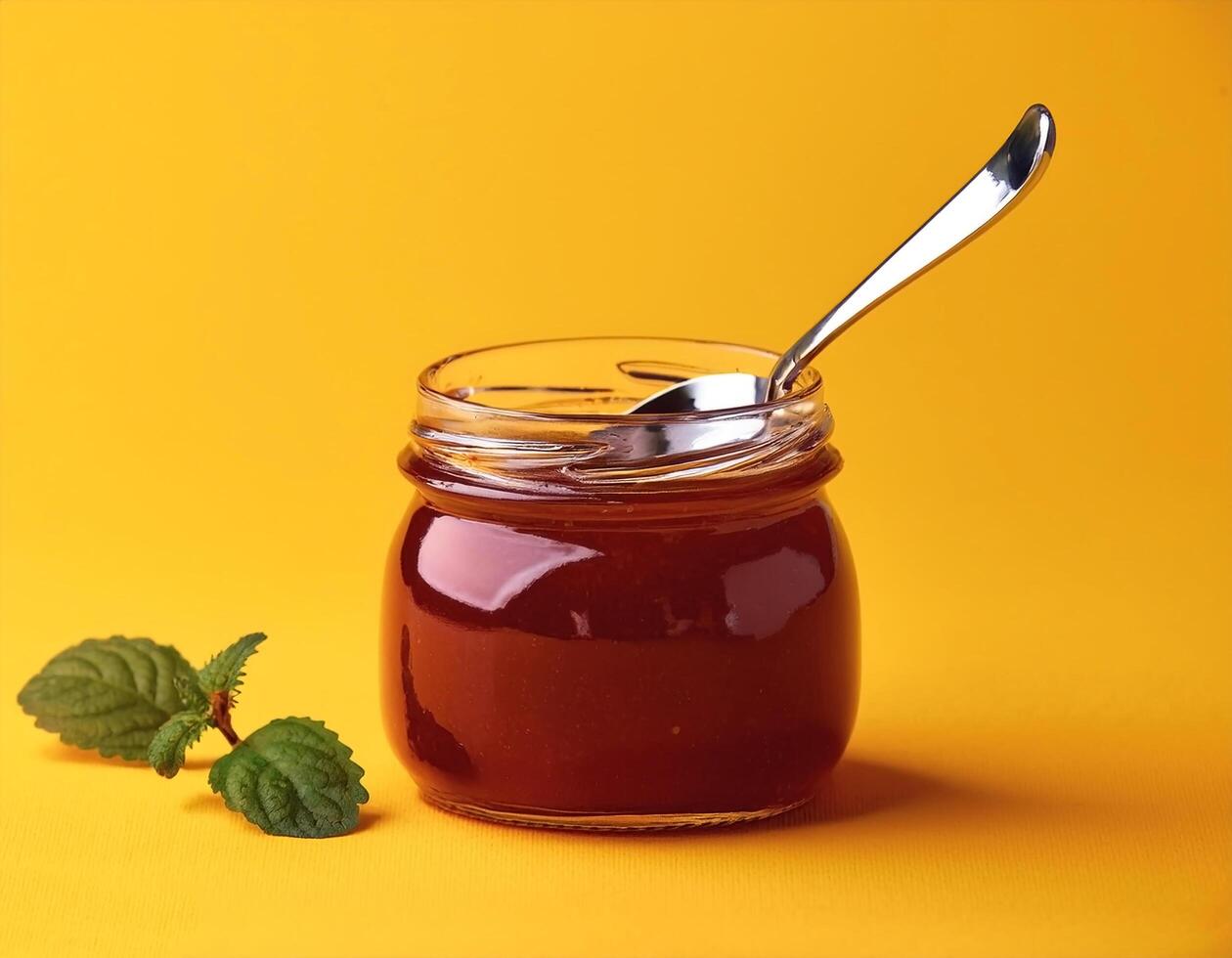 Jam jar with spoon next to it on yellow background photo