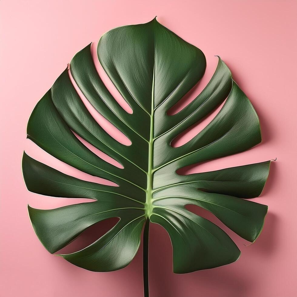 A large green monstera leaf on a pink background photo