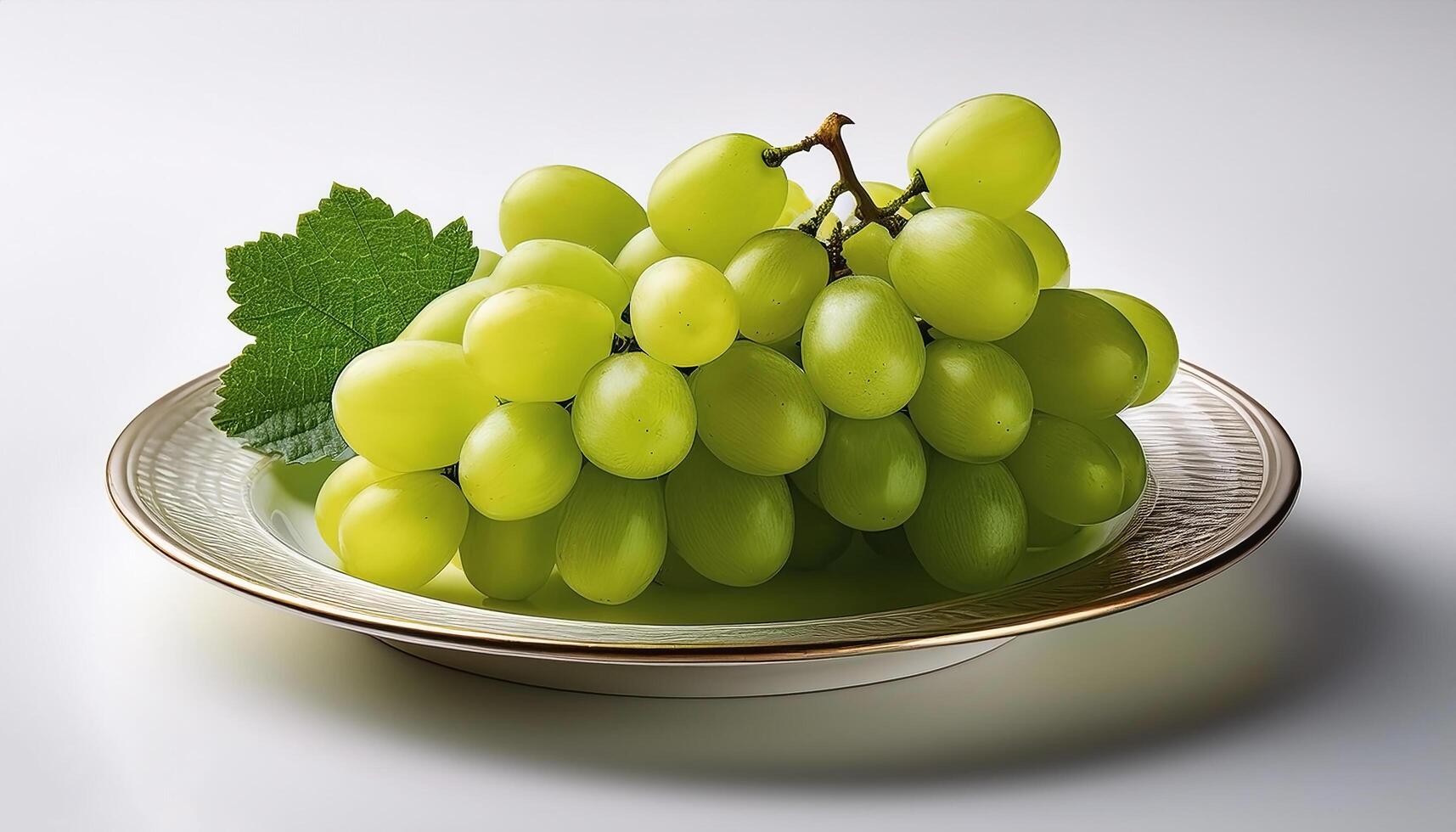 A plate of shiny green grapes on a clean white background photo
