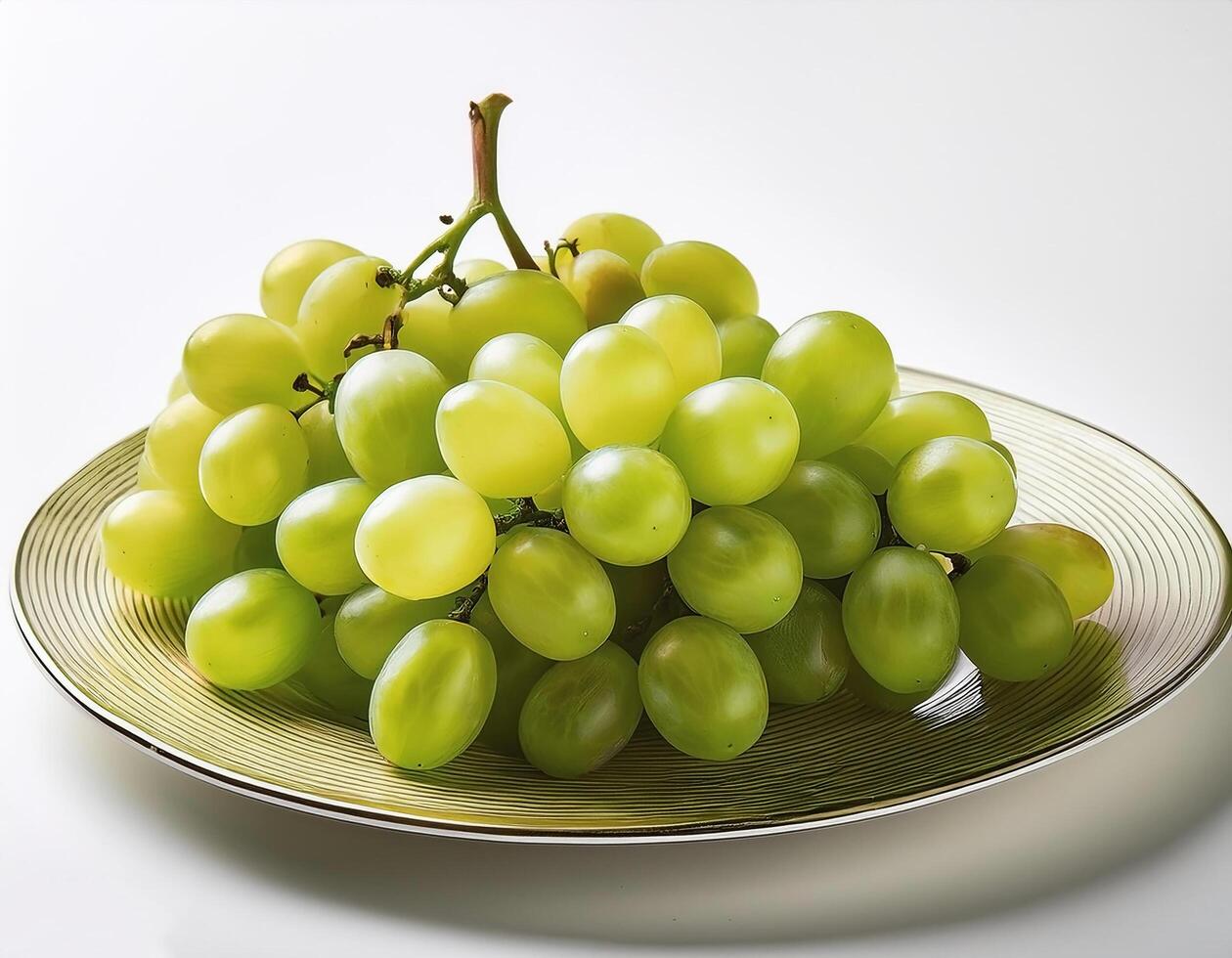 A plate of shiny green grapes on a clean white background photo