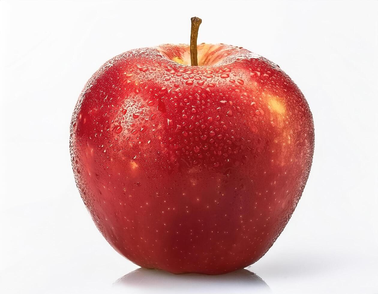 Bright red apple isolated on white background, highlighting the water droplets that stick to it. photo