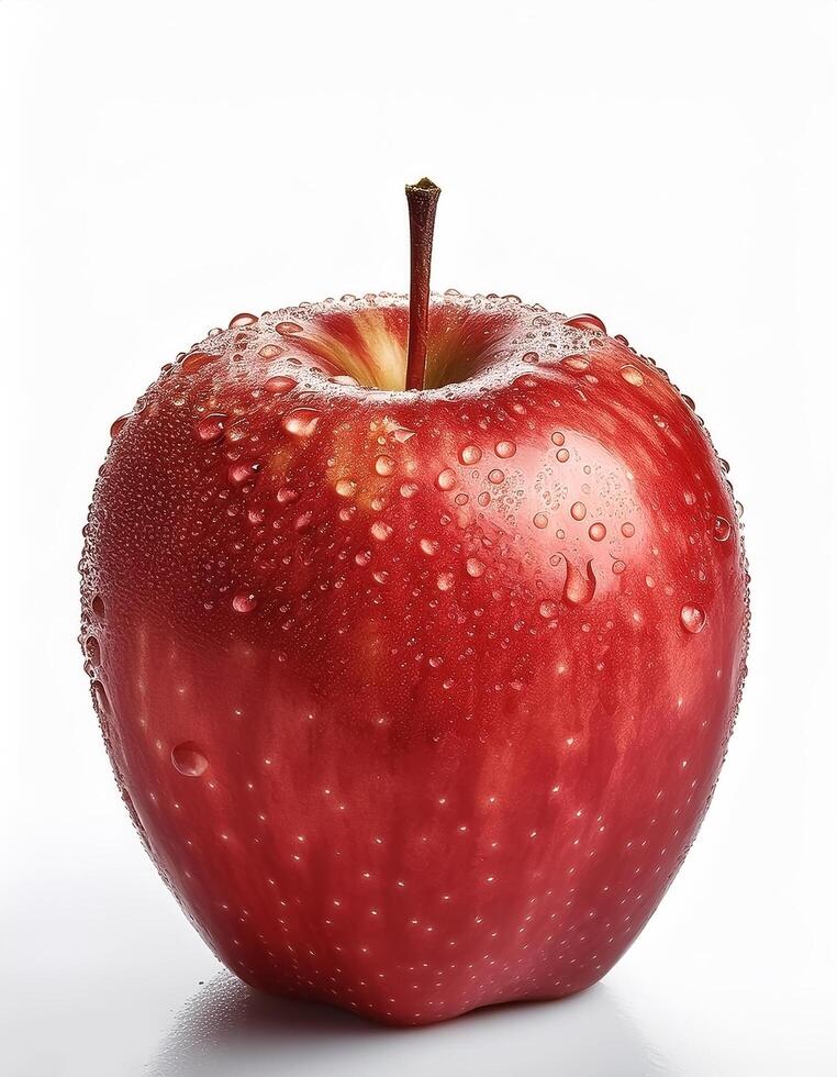 Bright red apple isolated on white background, highlighting the water droplets that stick to it. photo