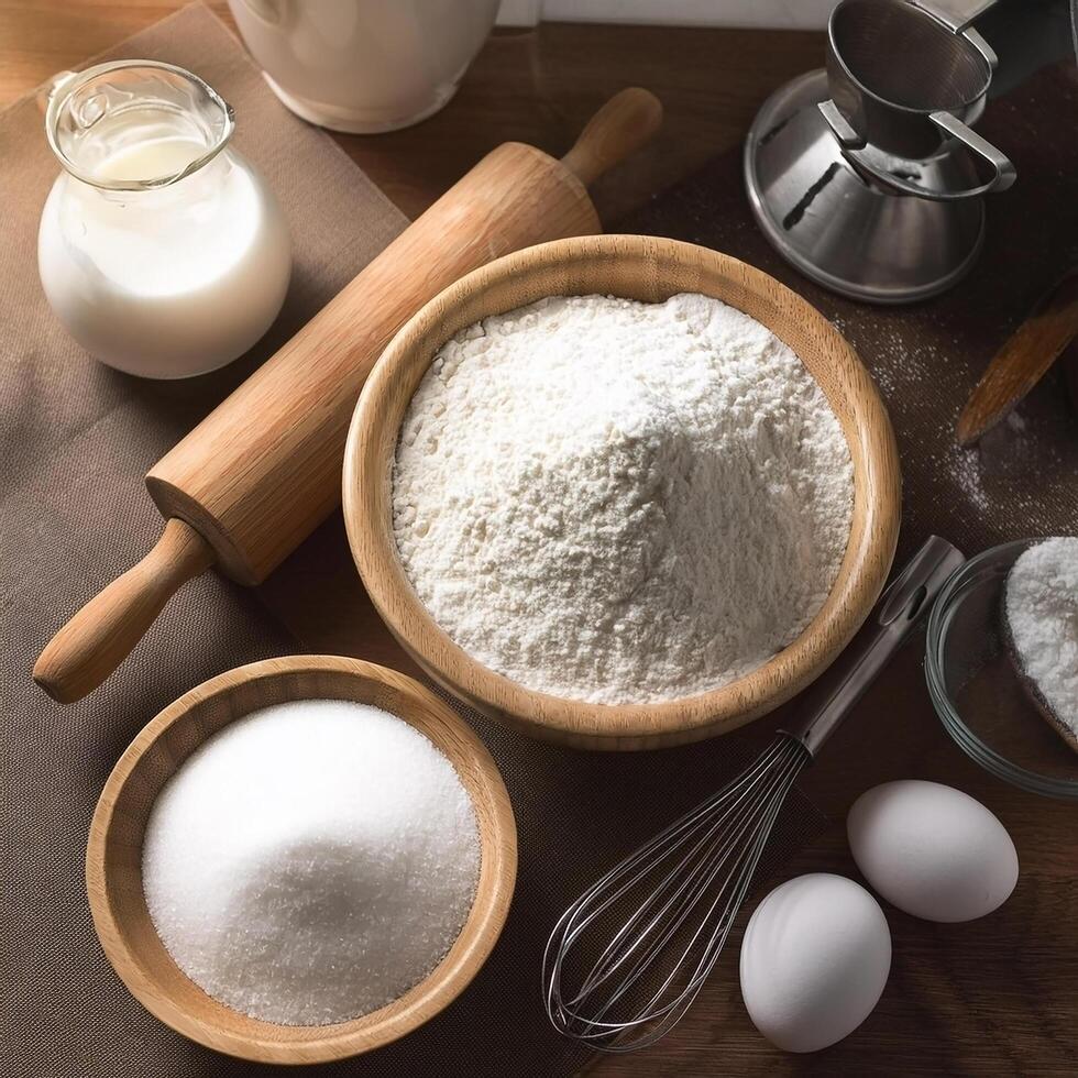 Cake Ingredients. Flour, sugar and eggs on the kitchen table photo