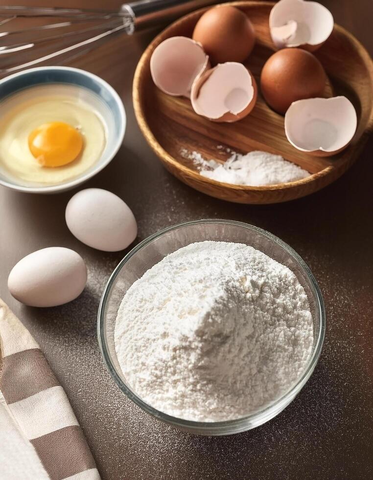 Cake Ingredients. Flour, sugar and eggs on the kitchen table photo
