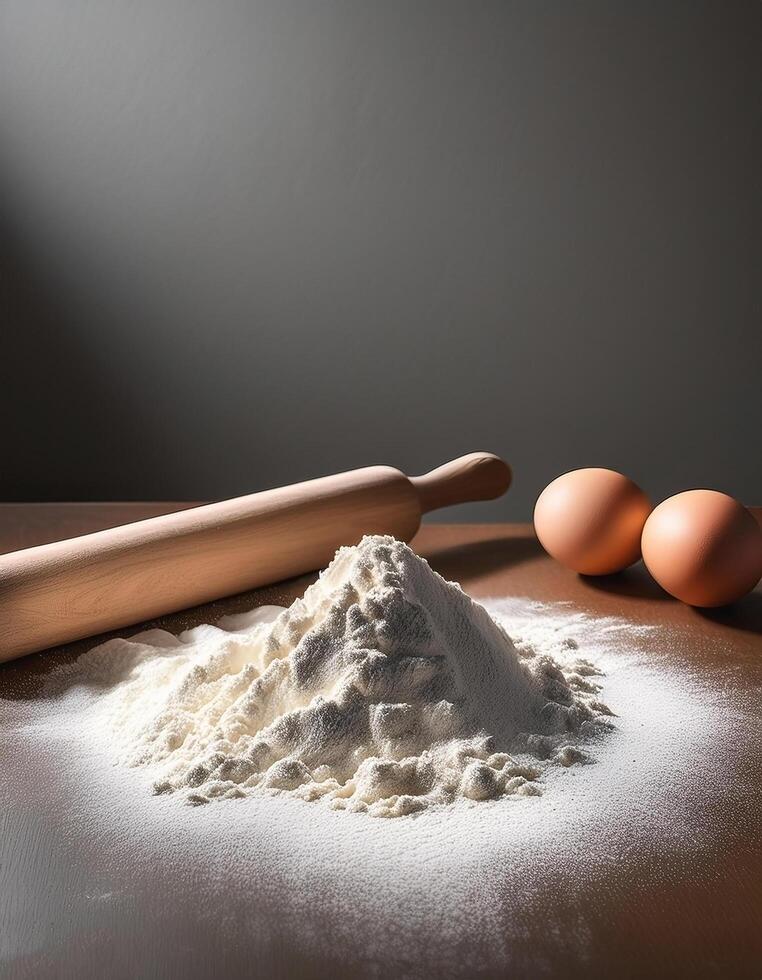 Flour and eggs on kitchen table with minimalist background photo
