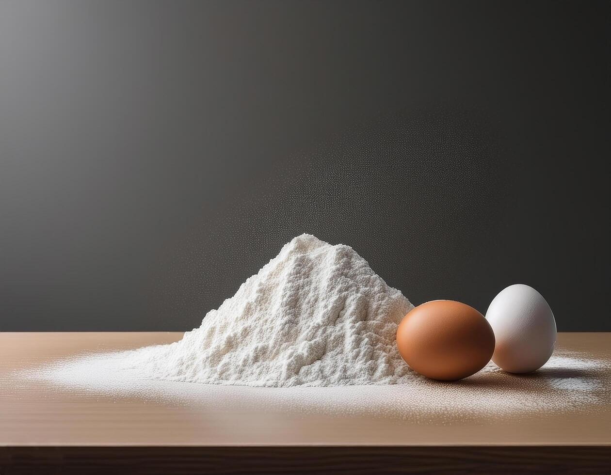 Flour and eggs on kitchen table with minimalist background photo