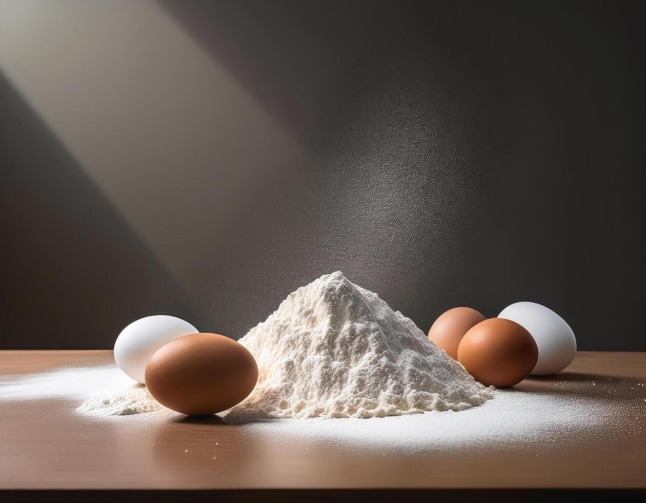 Flour and eggs on kitchen table with minimalist background photo