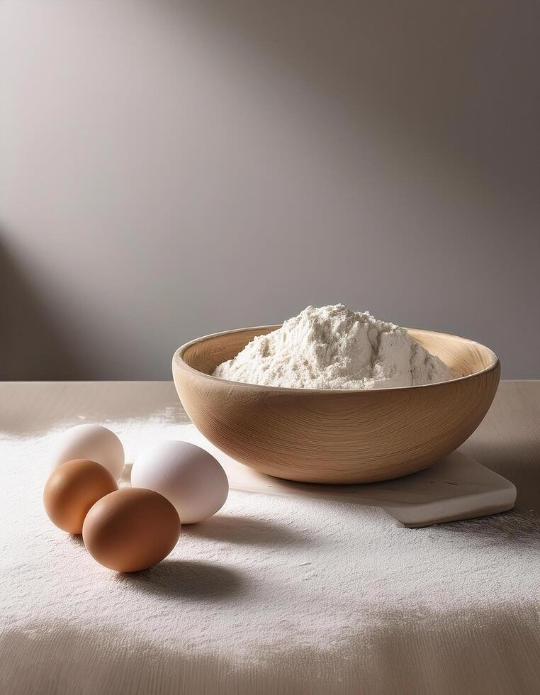 Flour and eggs on kitchen table with minimalist background photo