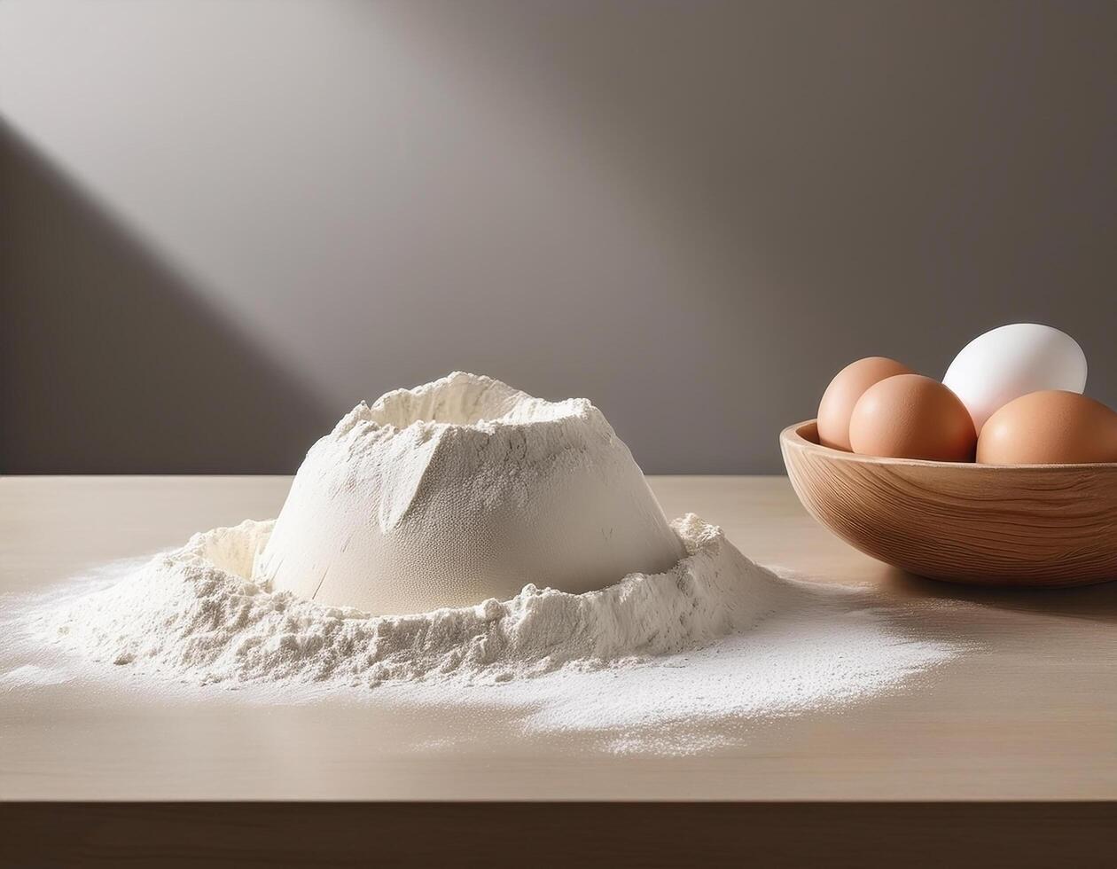 Flour and eggs on kitchen table with minimalist background photo