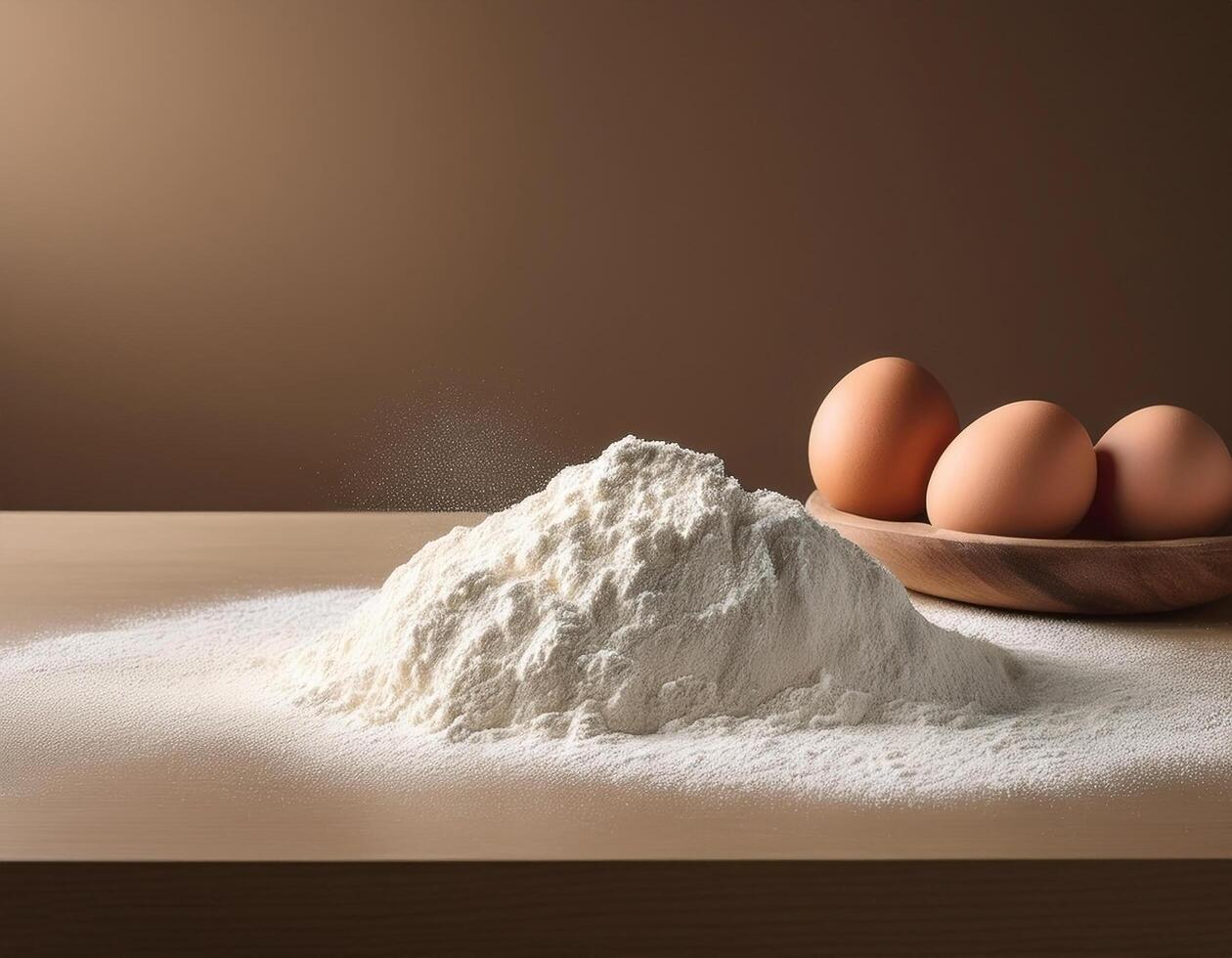 Flour and eggs on kitchen table with minimalist background photo