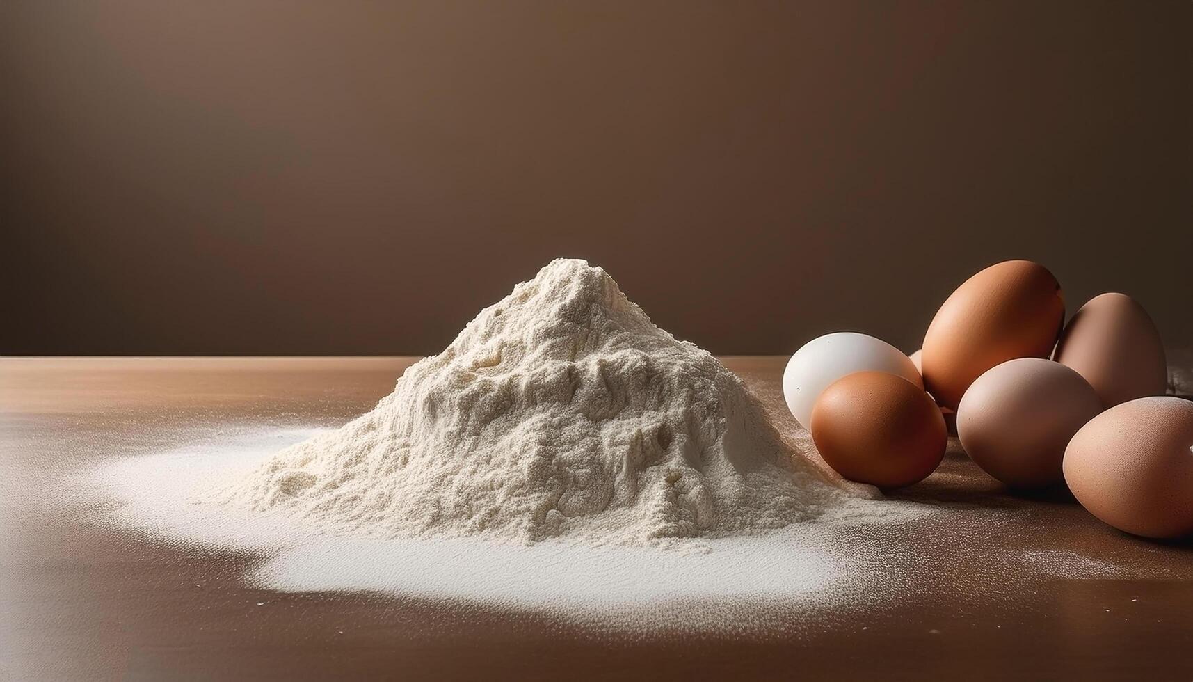 Flour and eggs on kitchen table with minimalist background photo