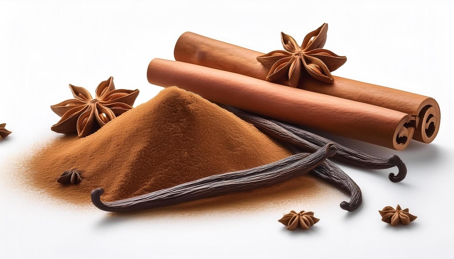 Fresh cinnamon isolated on a white background, showing the wood texture and spiral details, decorated with some anise stars and vanilla seeds around. photo