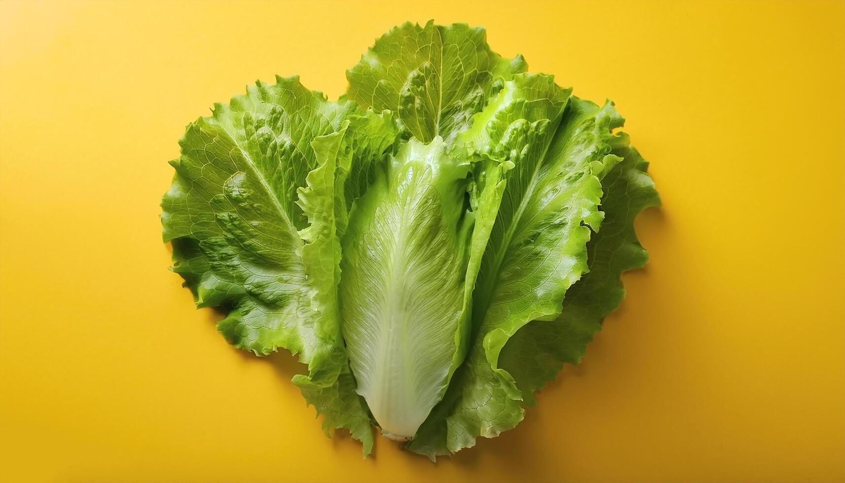 Fresh lettuce leaves isolated on bright yellow background photo