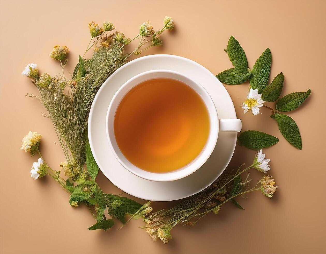 A cup of herbal tea on a warm cream background photo