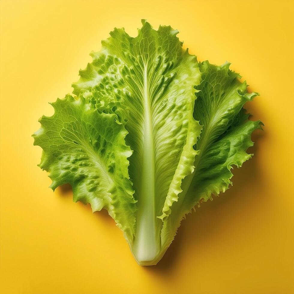 Fresh lettuce leaves isolated on bright yellow background photo