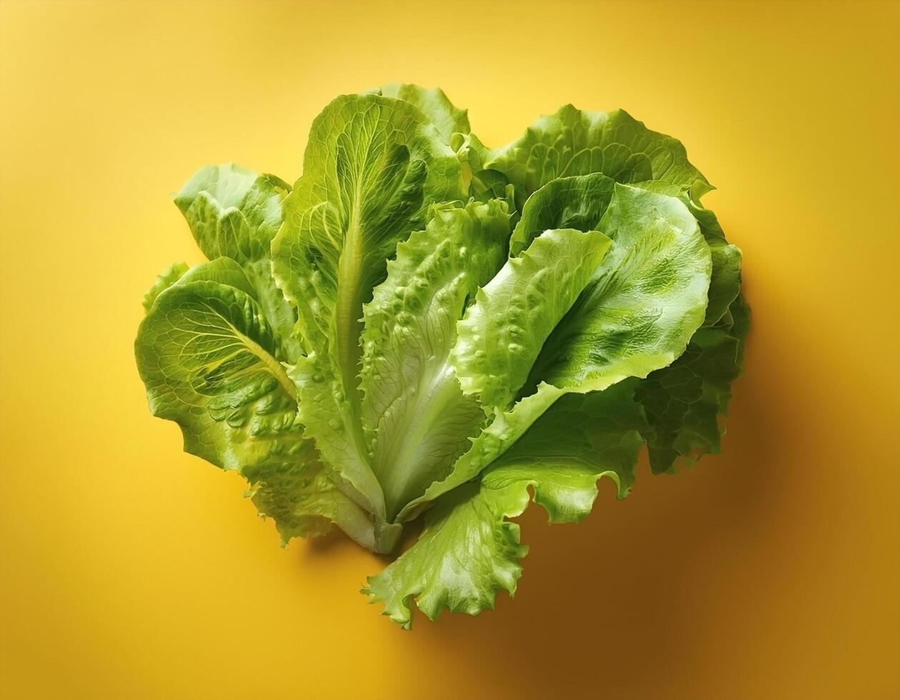 Fresh lettuce leaves isolated on bright yellow background photo