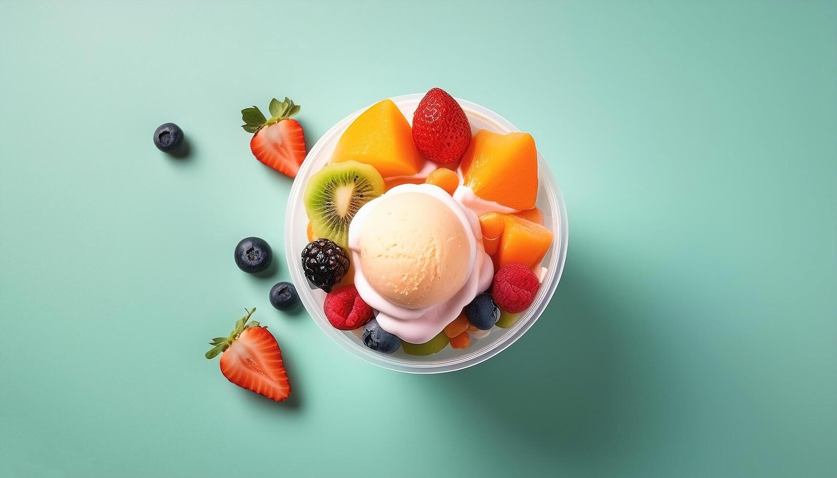 Ice cream cup with fruit topping and sauce, pastel background photo